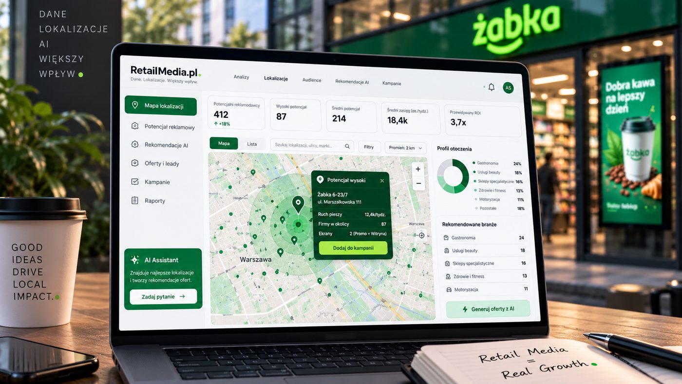The RetailMedia.pl dashboard with a location map, the surrounding profile broken down by industry and the industries recommended for the selected point