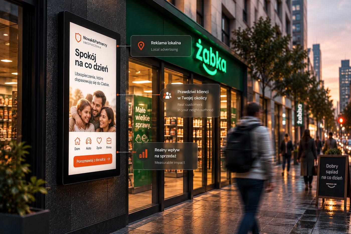 A local insurer's advertisement on a digital screen at a Żabka storefront, annotated with local advertising and sales impact callouts