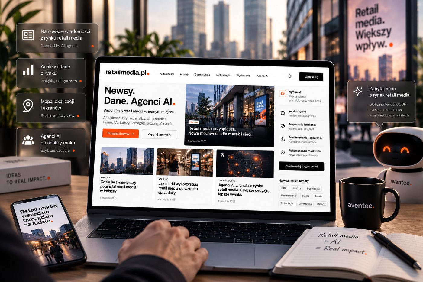 The retailmedia.pl homepage with market news, analysis and a panel of AI agents for market research